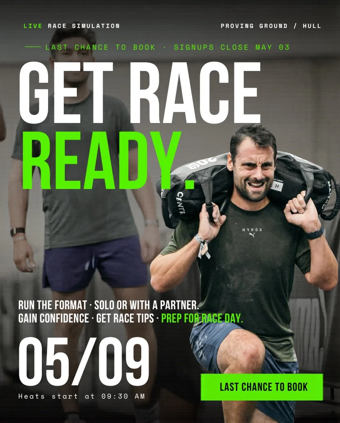 Our HYROX Race Simulation is going down on May 9th at Proving Ground, Hull.

Run the full format. Solo or with a partner. Get race tips, build confidence, and dial in your game plan before race day.

🕤 Heats kick off at 9:30 AM
📅 Signups close May 