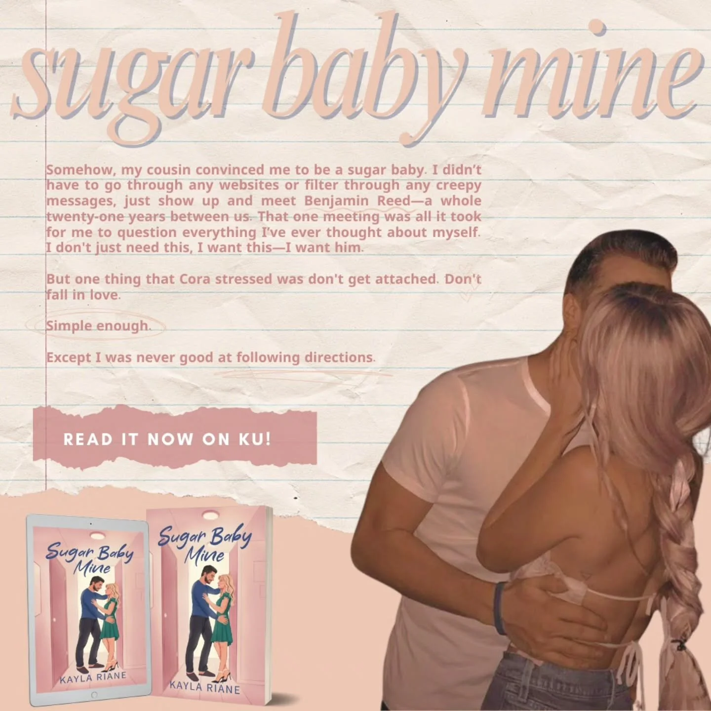 Sugar Baby Mine by @krianeauthor (me!)
NOW AVAILABLE on KU, in ebook, and in paperback!
you can find it here - https://a.co/d/hz1NbgQ

if you like the following, you might enjoy sugar baby mine! 
🌸 age gap
🌸 b.dsm elements 
🌸 pet names
🌸 fastburn