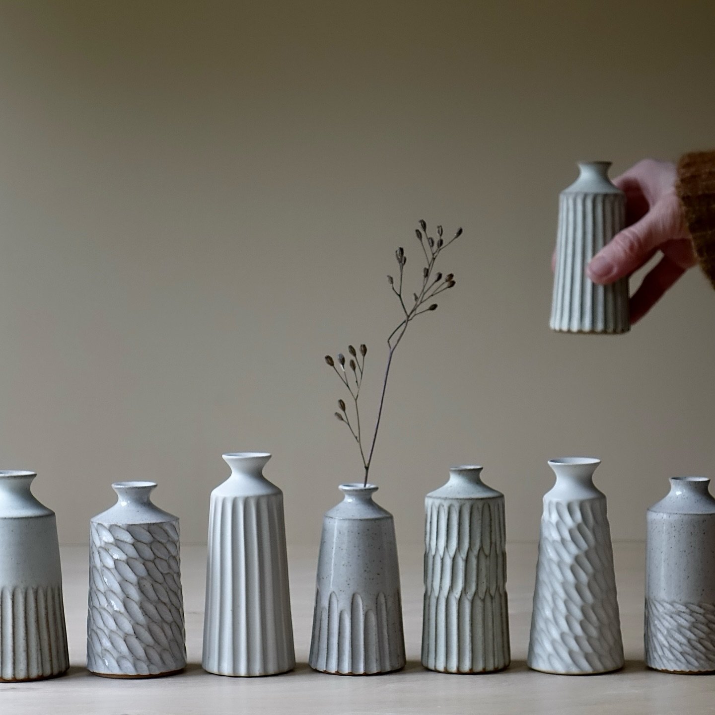 I have a new batch of bud vases for you. They can be displayed individually or in sets. Each one unique. I&rsquo;ll continue creating a number of different ones through next year so you can add to or start a collection. By the way, I&rsquo;m getting 