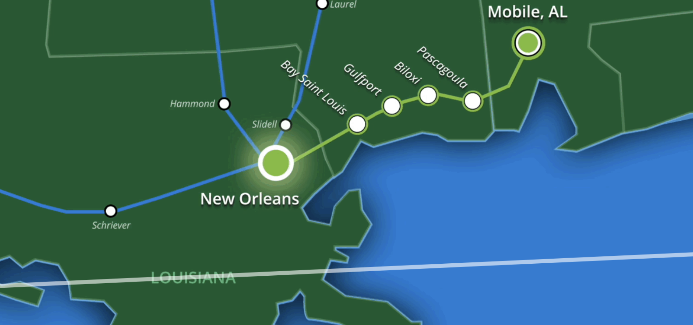 map of the Mardi Gras train route with New Orleans on the far left and Mobile, Alabama on the right. From left to right, there are stops in Bay Saint Louis, Gulfport, Biloxi and Pascagoula as well