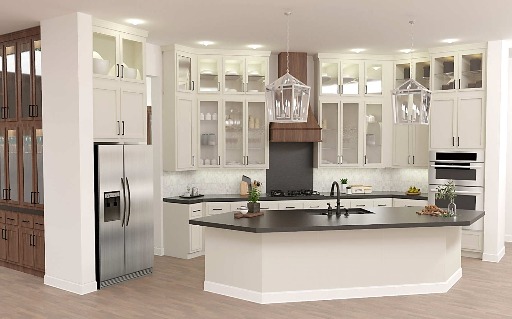 Modern kitchen with white cabinets, black countertops, stainless steel refrigerator, and two pendant lights