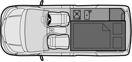 Top view layout of a camper van interior with seats, bed, sink, and storage.