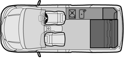 Overhead view of a camper van interior layout with seats, kitchenette, and storage areas.