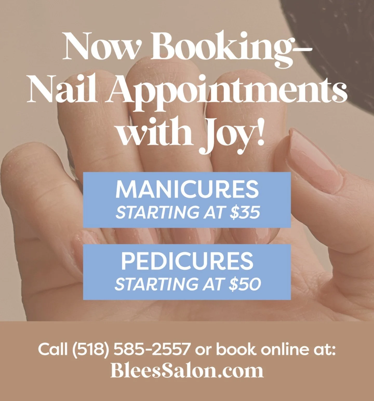 Now booking manicures and pedicures with Joy! We could not be more excited 🤩💅🙌🏼

Visit BleesSalon.com or give us a call at 518-585-2557 to book! Regular or gel polish. #manicure #pedicure #gelmani #nailcare #spamanicure #spapedicure #manipedi