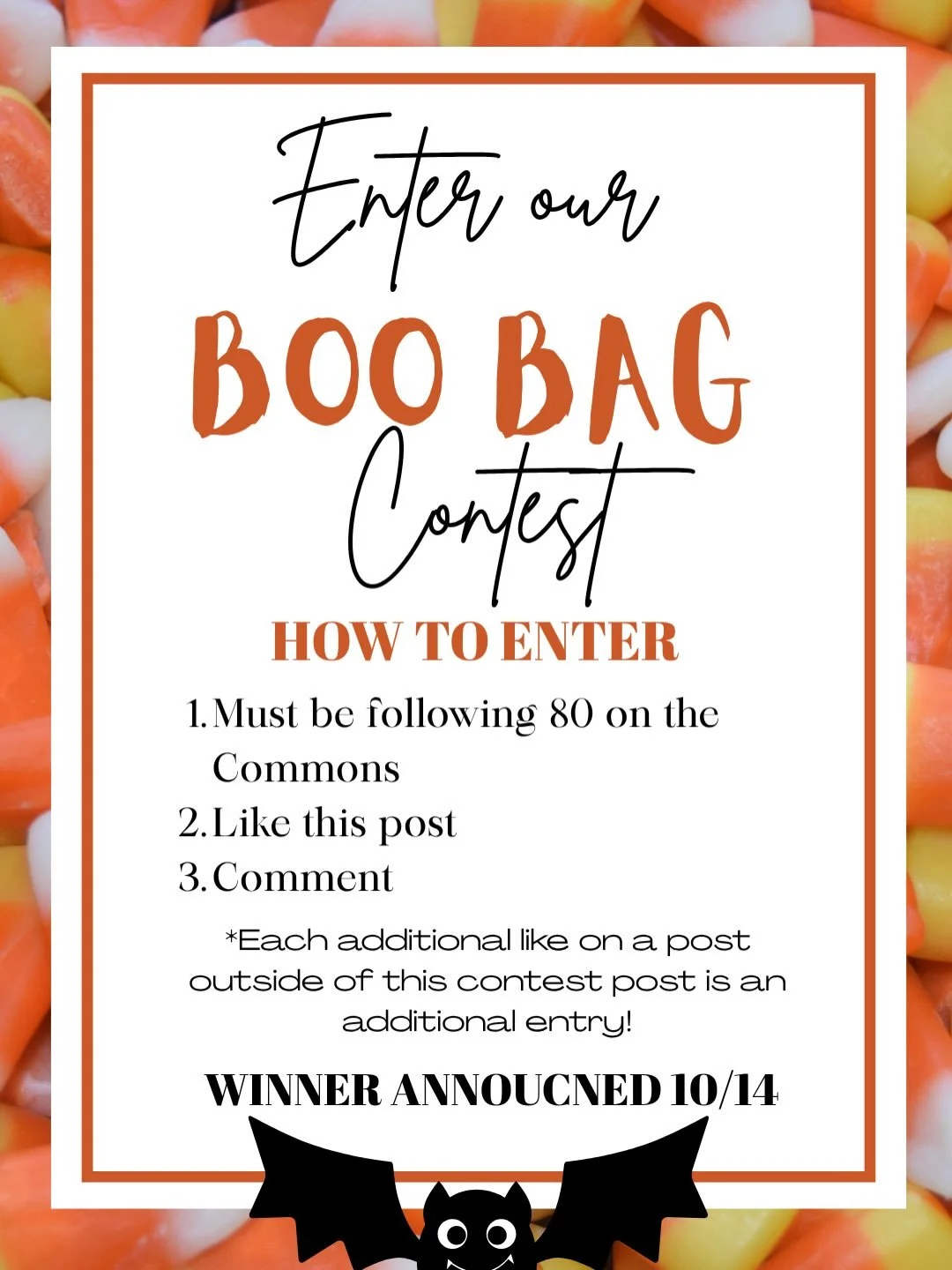 BOO BAG contest!!!🧡🧡

how to enter:
1. follow @80onthecommons 
2. like this post
3. comment 
(tell us your favorite Halloween movie!!🍿)

*each additional like on a post outside of this contest post is an additional entry* 

WINNER ANNOUNCED 10/14?