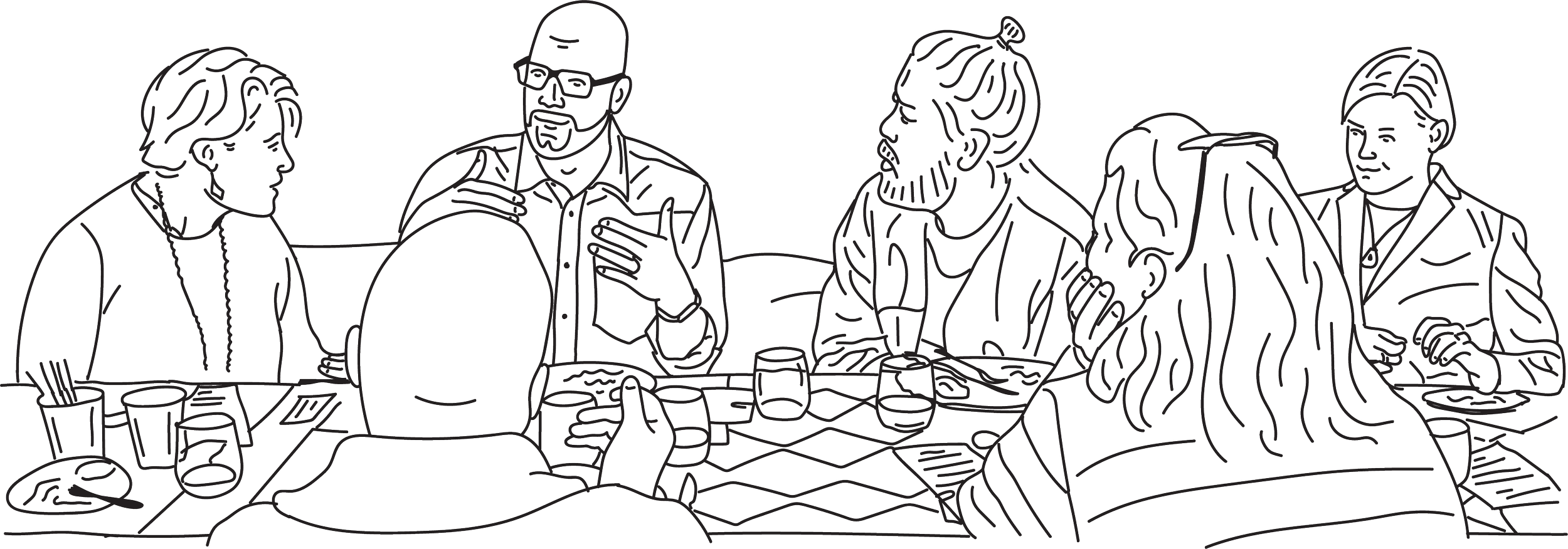 Black thin line illustration of people talking at a dinner table