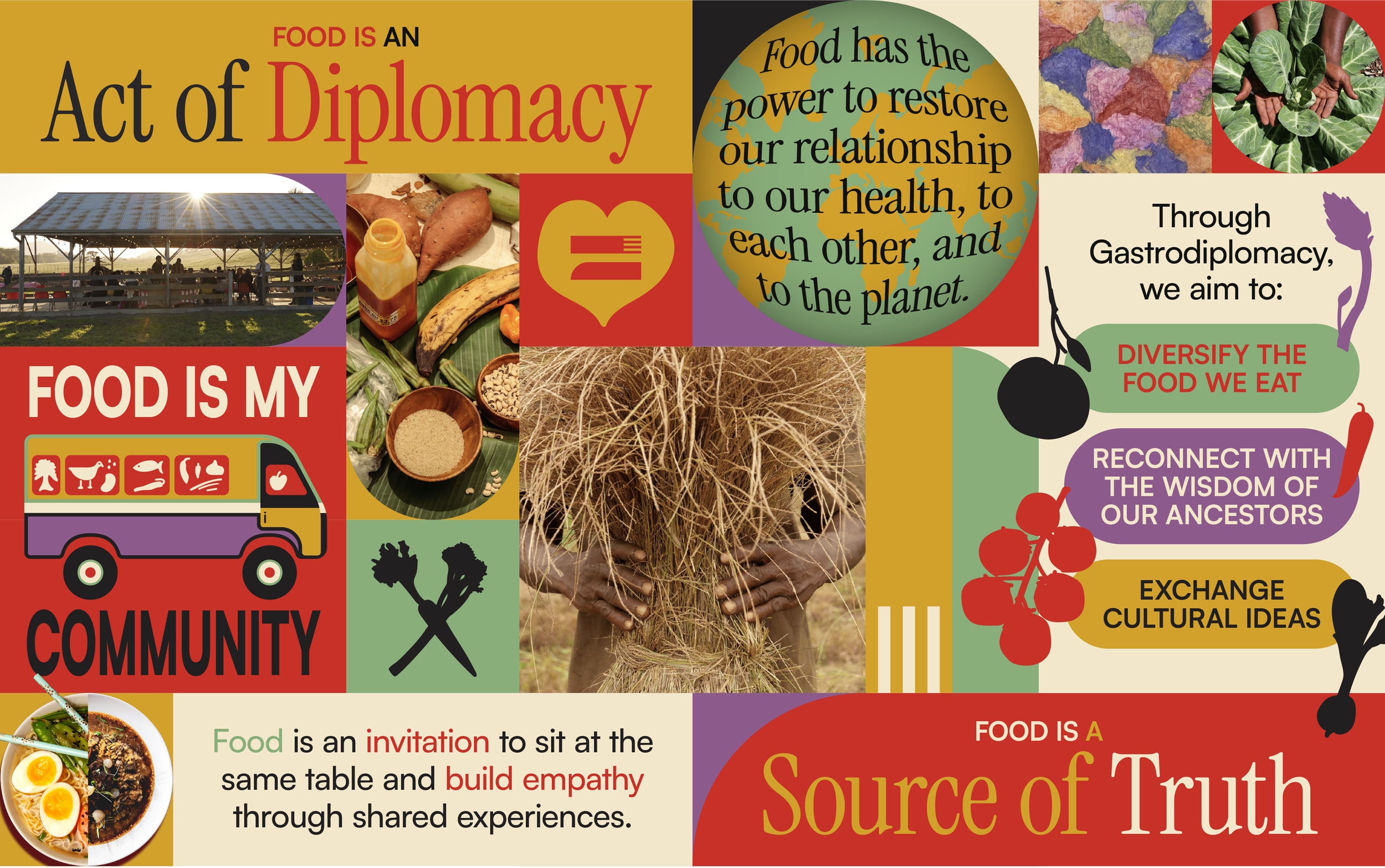 Colorful collage of food related images and icons and text relating to Gastrodiplomacy. Expressions of "food being a source of truth", food being community, and the power is has to restore our relationship with the earth and each other.