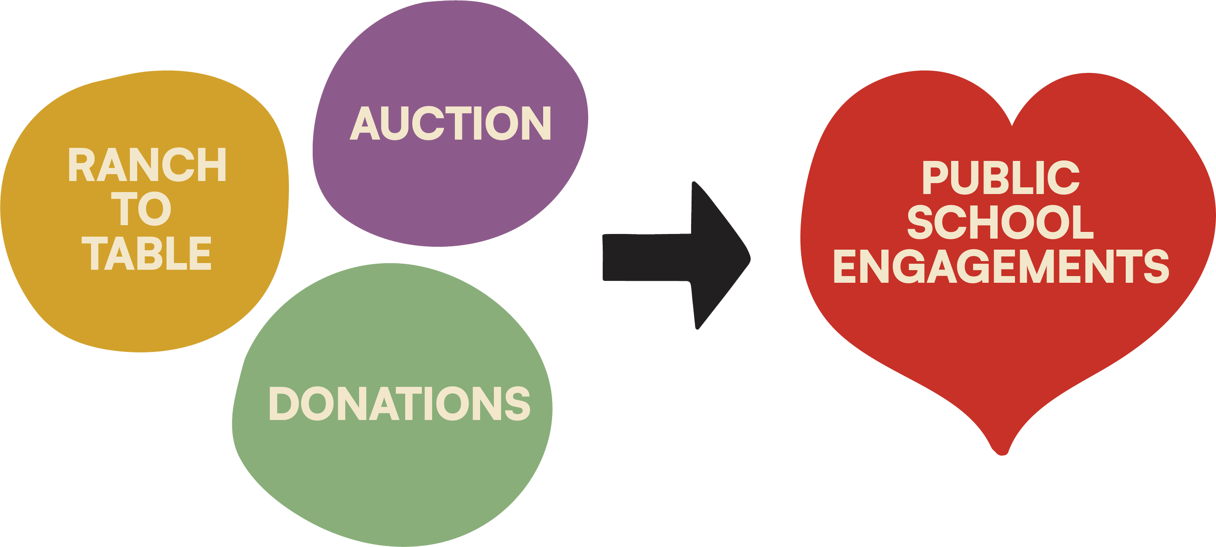 Infographic showing three colored circles that say "Ranch to Table", "Auction", and "Donations", with an arrow pointing to a heart that says "Public School Engagements"
