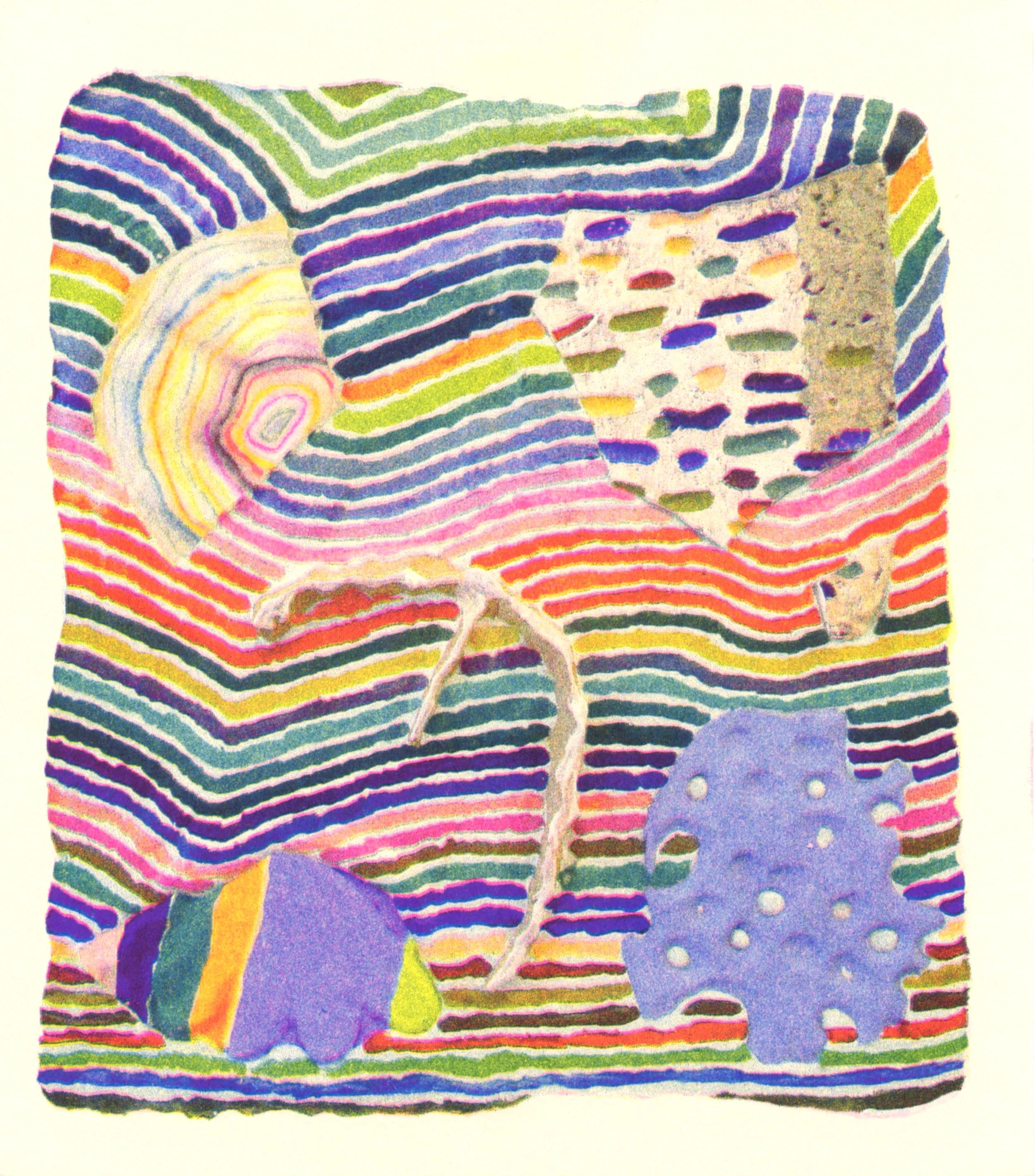 Claire Downes Whitehurst, printed in Fluorescent Pink, Blue, Yellow, and Black