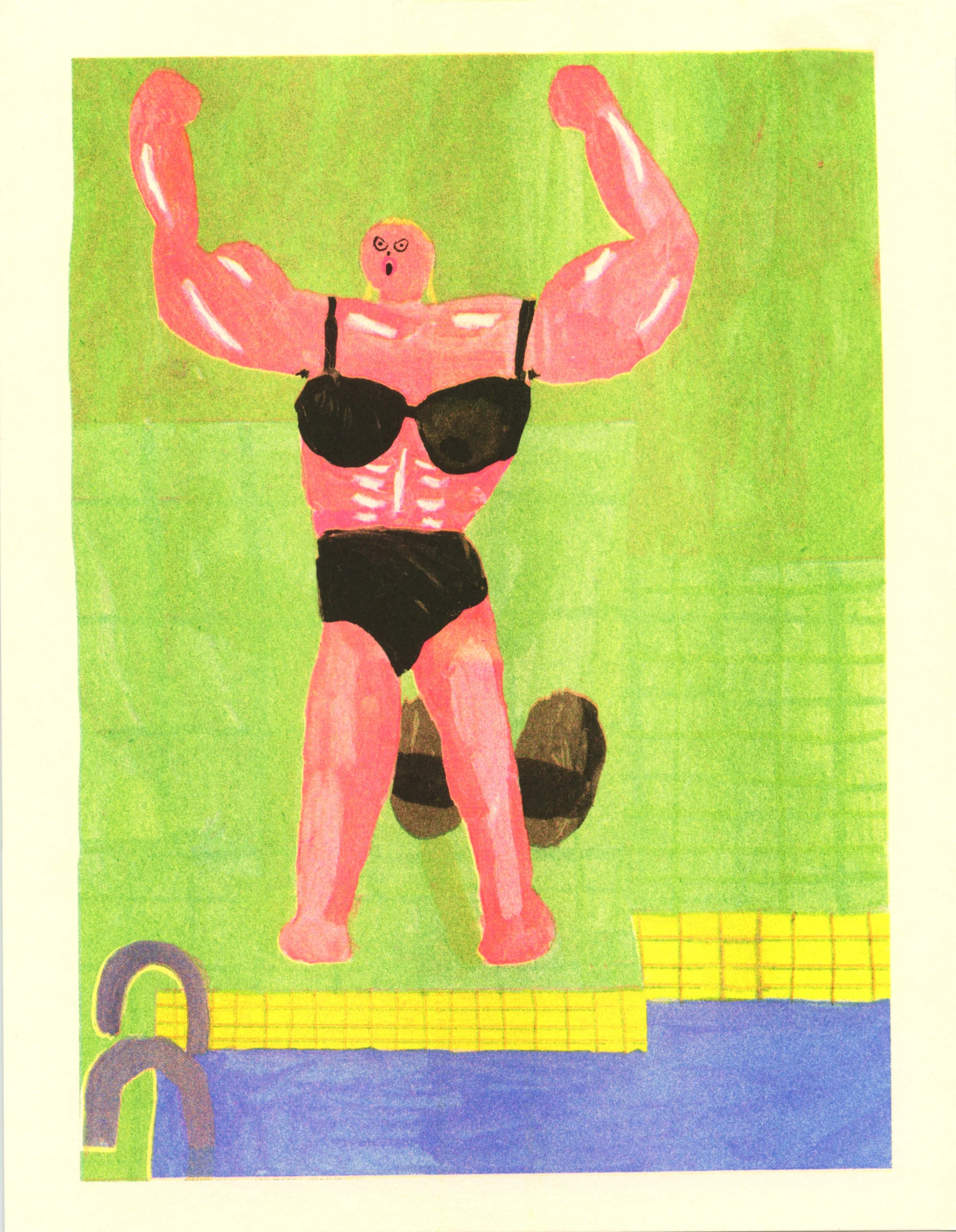 Tara Booth, printed in Fluorescent Pink, Yellow, Cornflower Blue, Black, and Kelly Green
