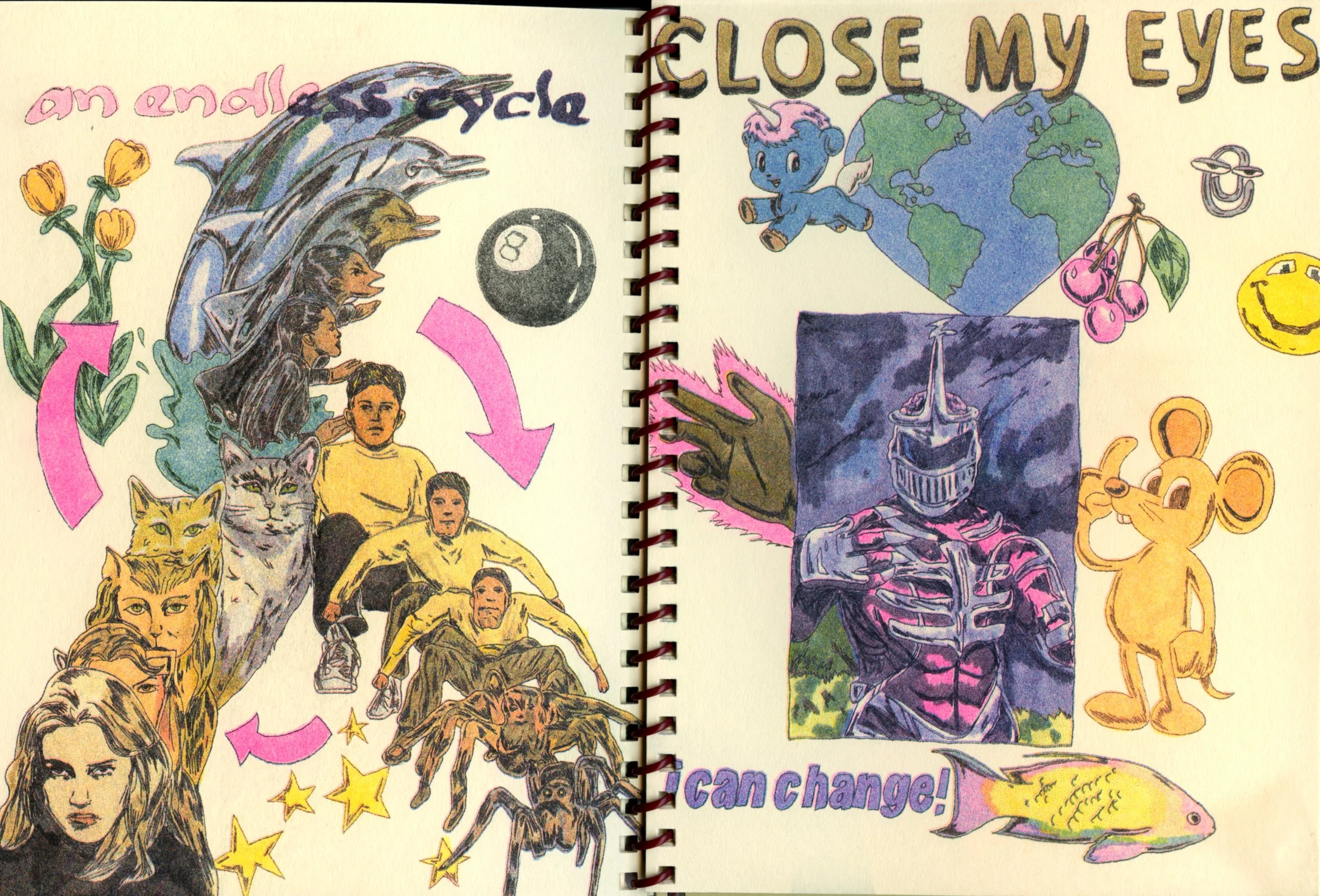 Caroline Mills, printed in Fluorescent Pink, Bright Red, Blue, Yellow, and Black