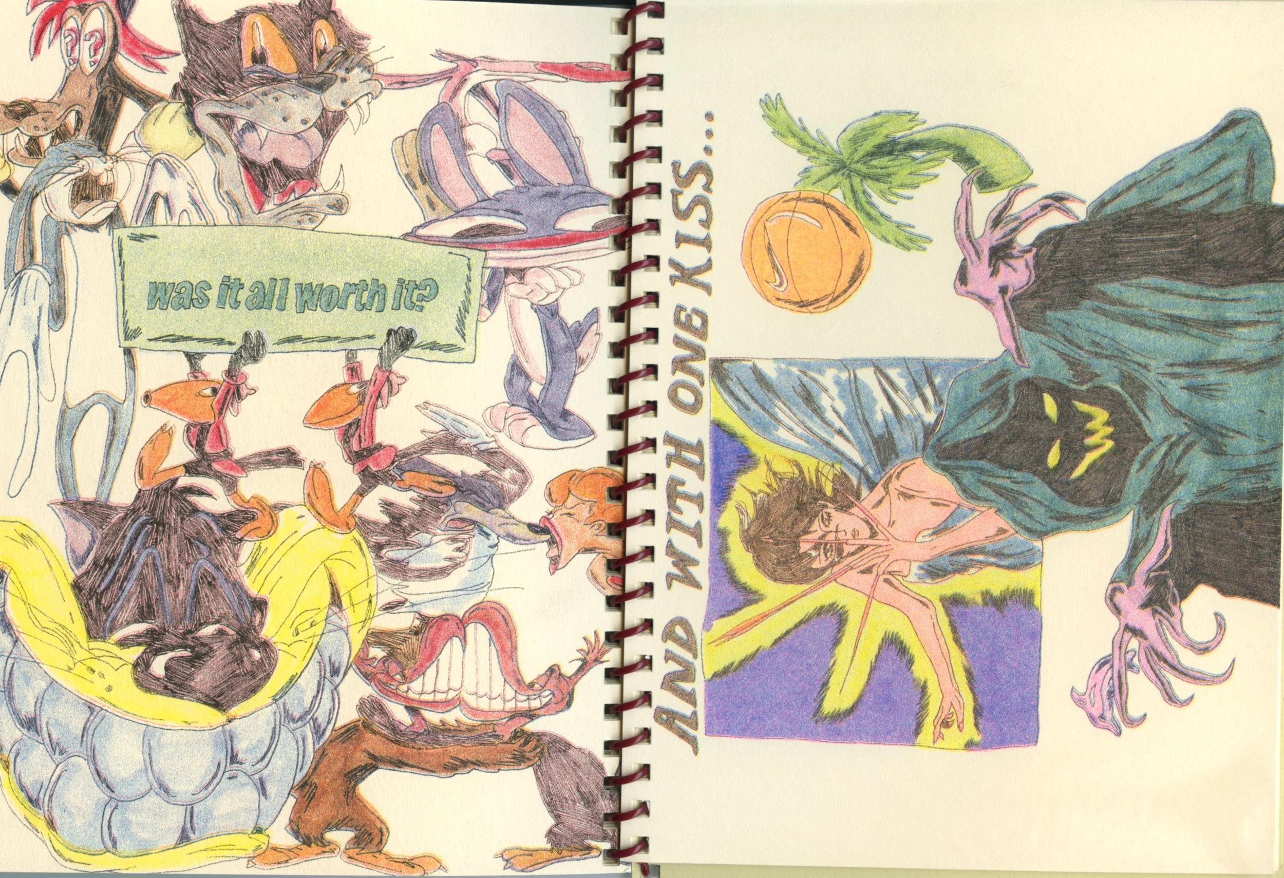 Caroline Mills, printed in Fluorescent Pink, Bright Red, Blue, Yellow, and Black