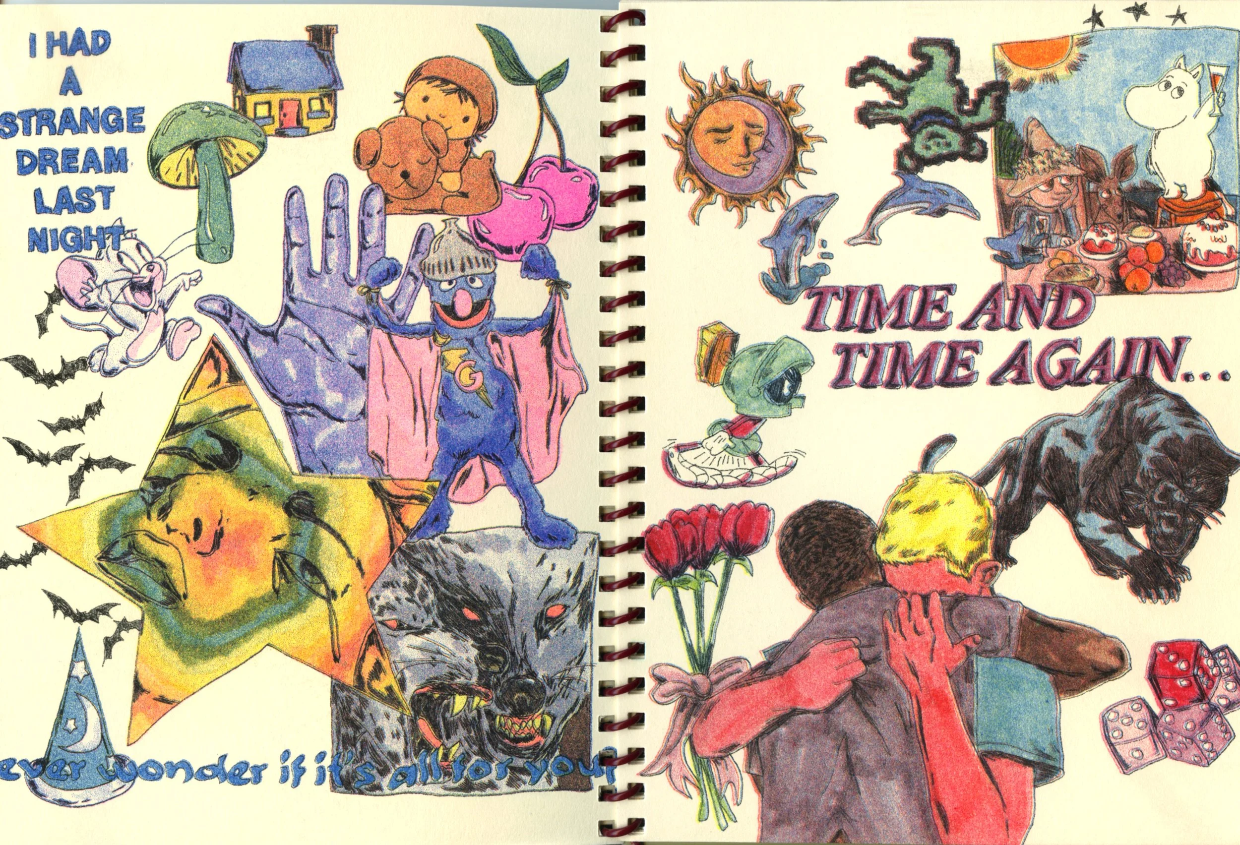 Caroline Mills, printed in Fluorescent Pink, Bright Red, Blue, Yellow, and Black