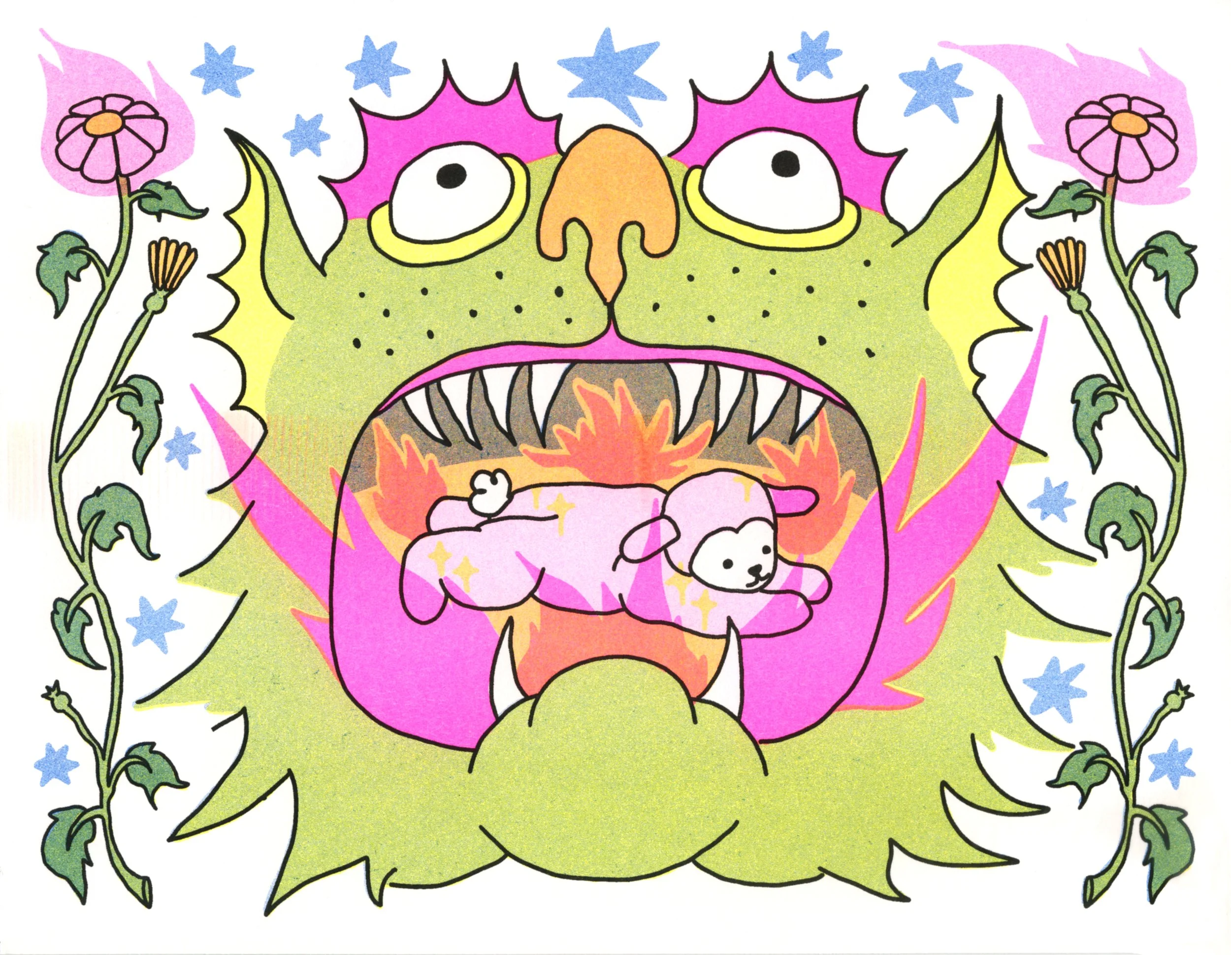 Sabrina Mellado, printed in Fluorescent Pink, Blue, Yellow, and Black