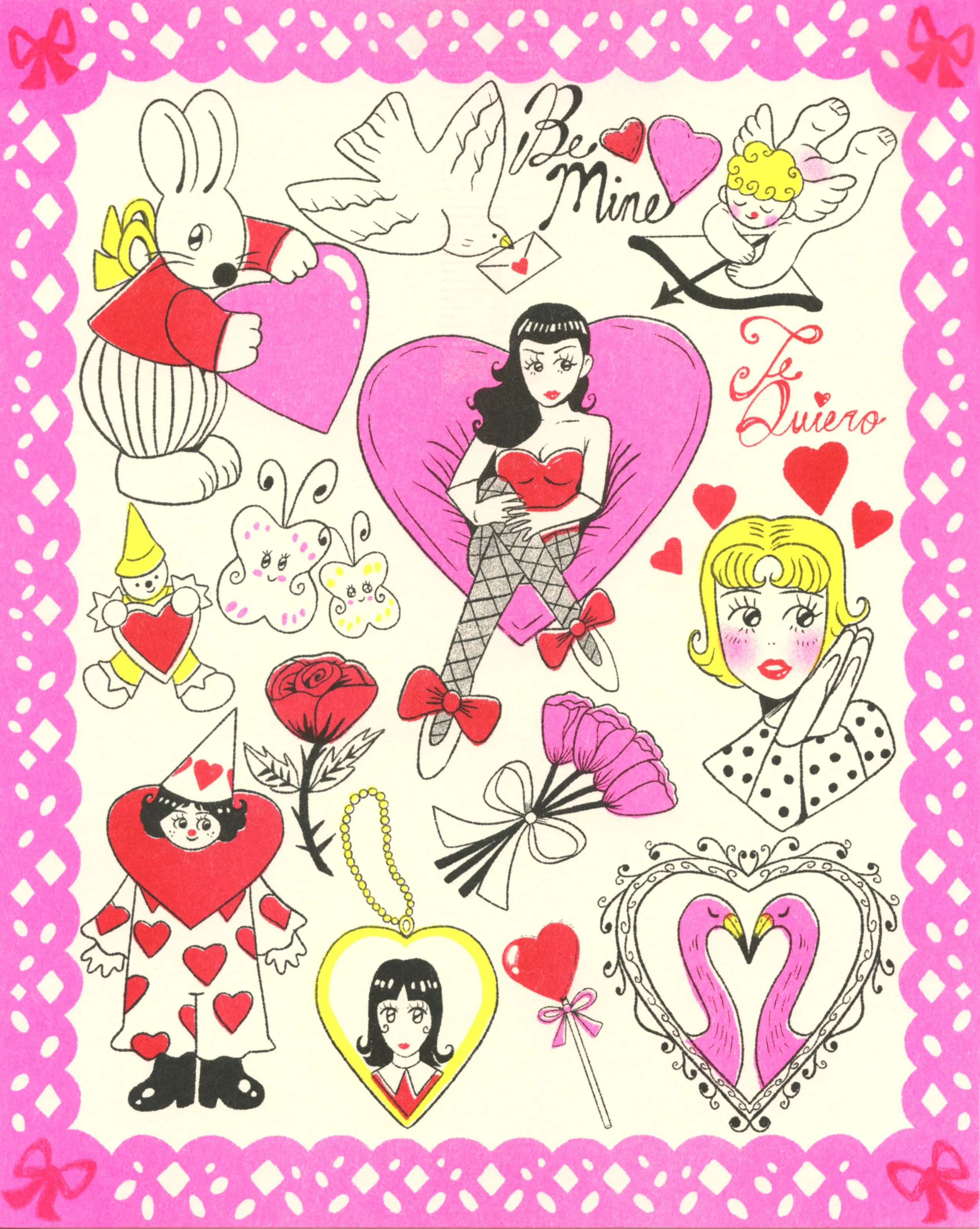 Rebecca Rios, printed in Fluorescent Pink, Bright Red, Yellow, and Black