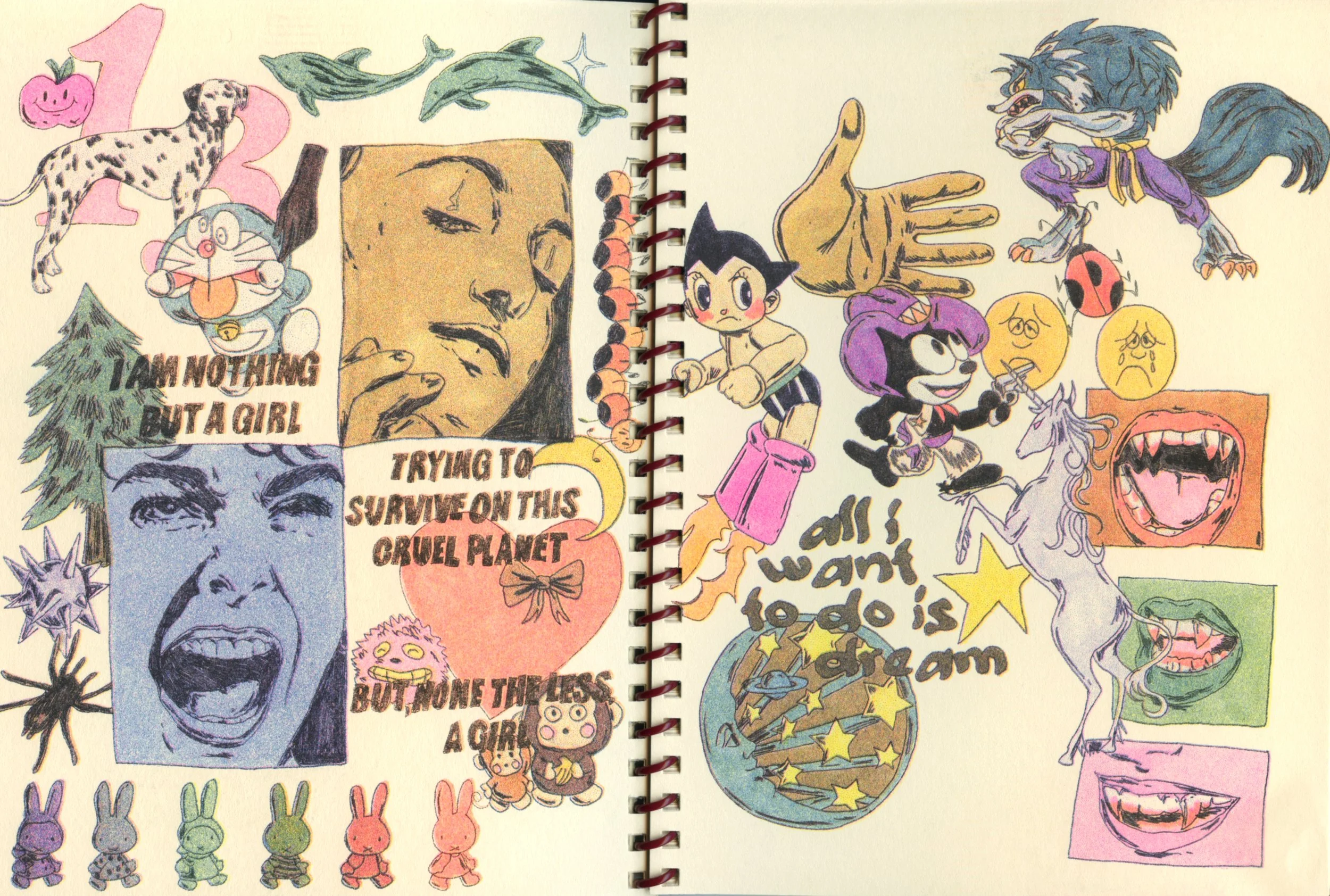 Caroline Mills, printed in Fluorescent Pink, Bright Red, Blue, Yellow, and Black