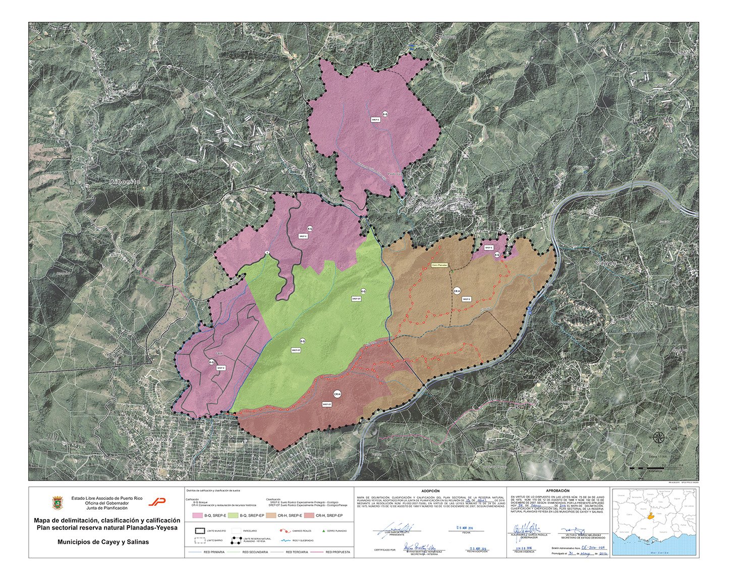 Map of natural reserve sectors in the municipalities of Cayey and Salinas, Puerto Rico, with different colored zones, boundary lines, and geographic features.