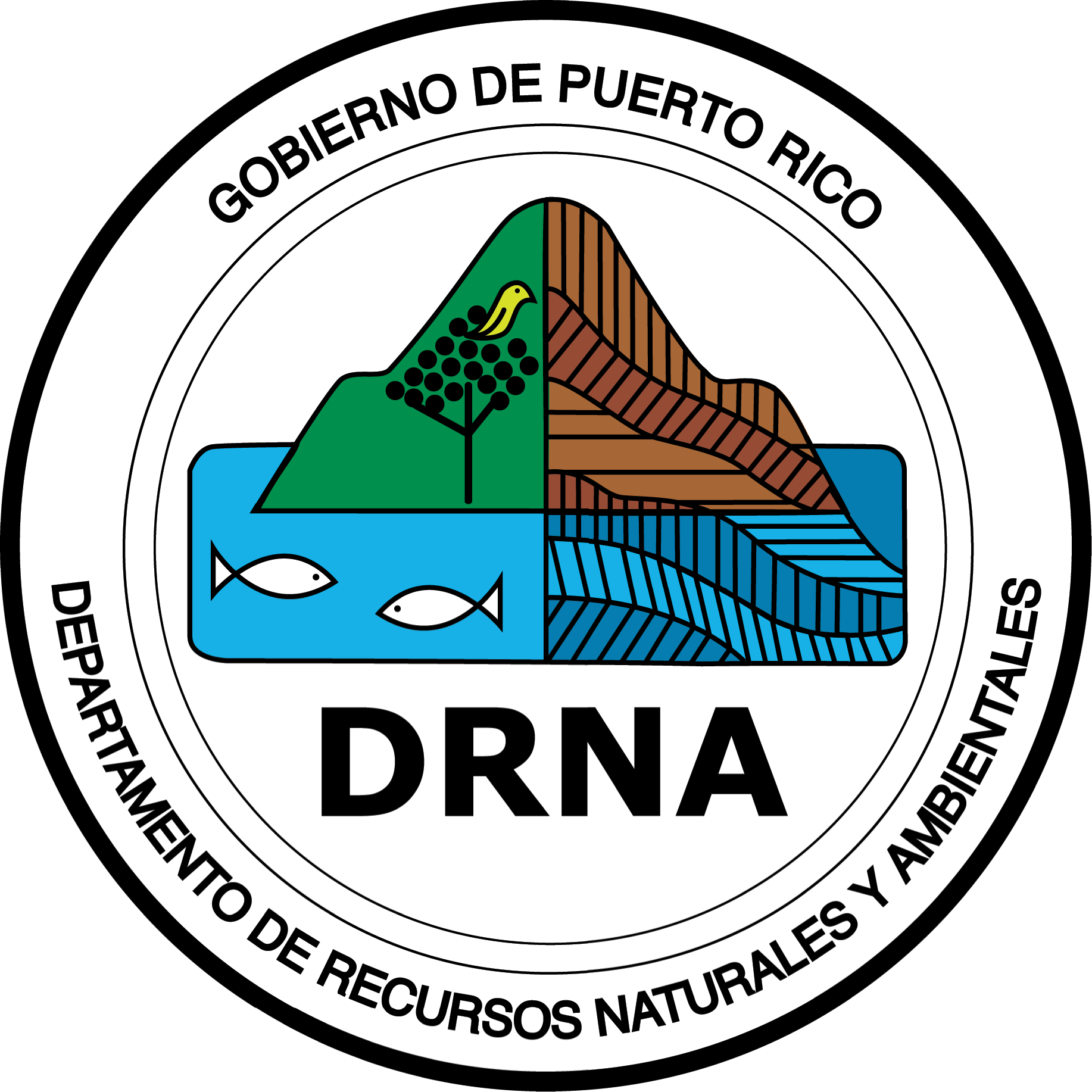 Logo of the Puerto Rico Department of Natural Resources and Environment with stylized mountain, tree, bird, water, fish, and land elements and text in Spanish around the circle.