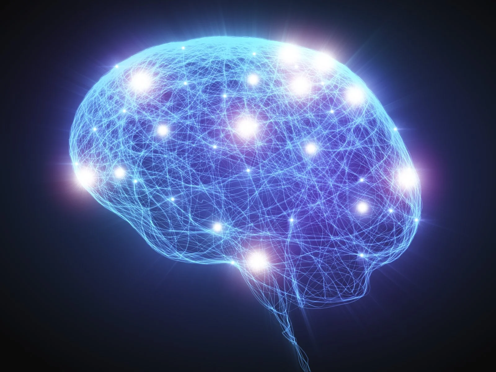 A digital illustration of a human brain with glowing interconnected lines and points, representing neural connections and the concept of artificial intelligence.