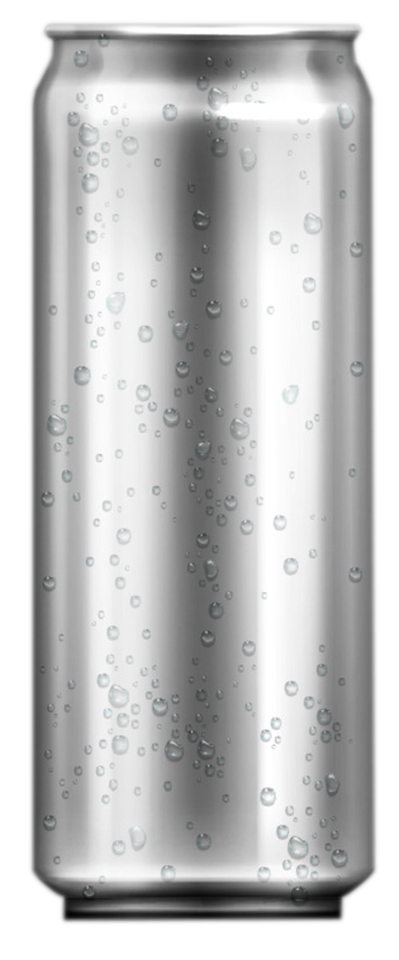 Lata de refresco plateada con burbujas visibles en su interior.