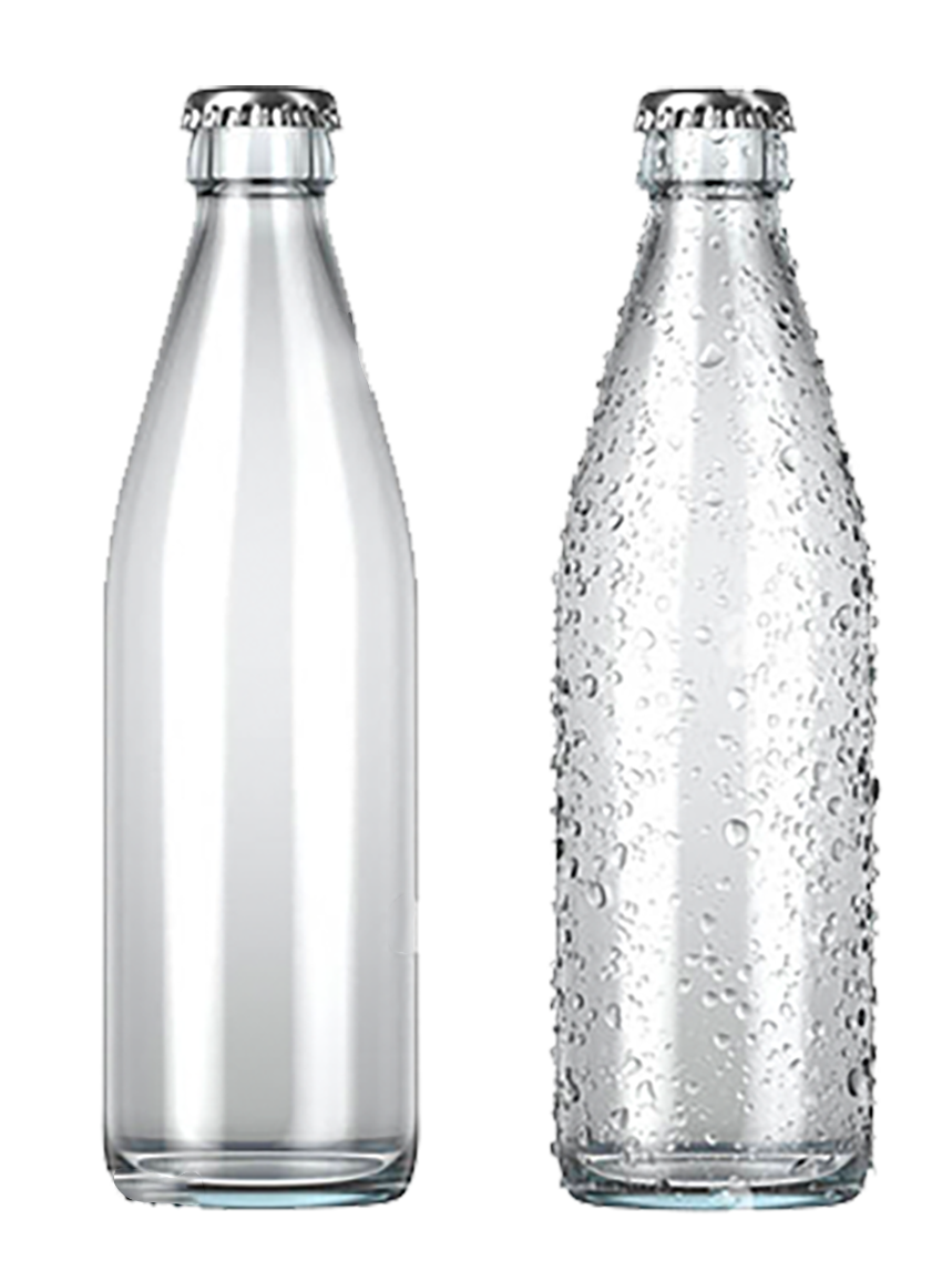 Dos botellas de agua, una simple y otra con gotas de condensación en su superficie.