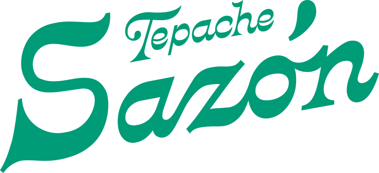 Logotipo con el texto 'Tepache Sazón' en letras verdes con estilo cursivo.