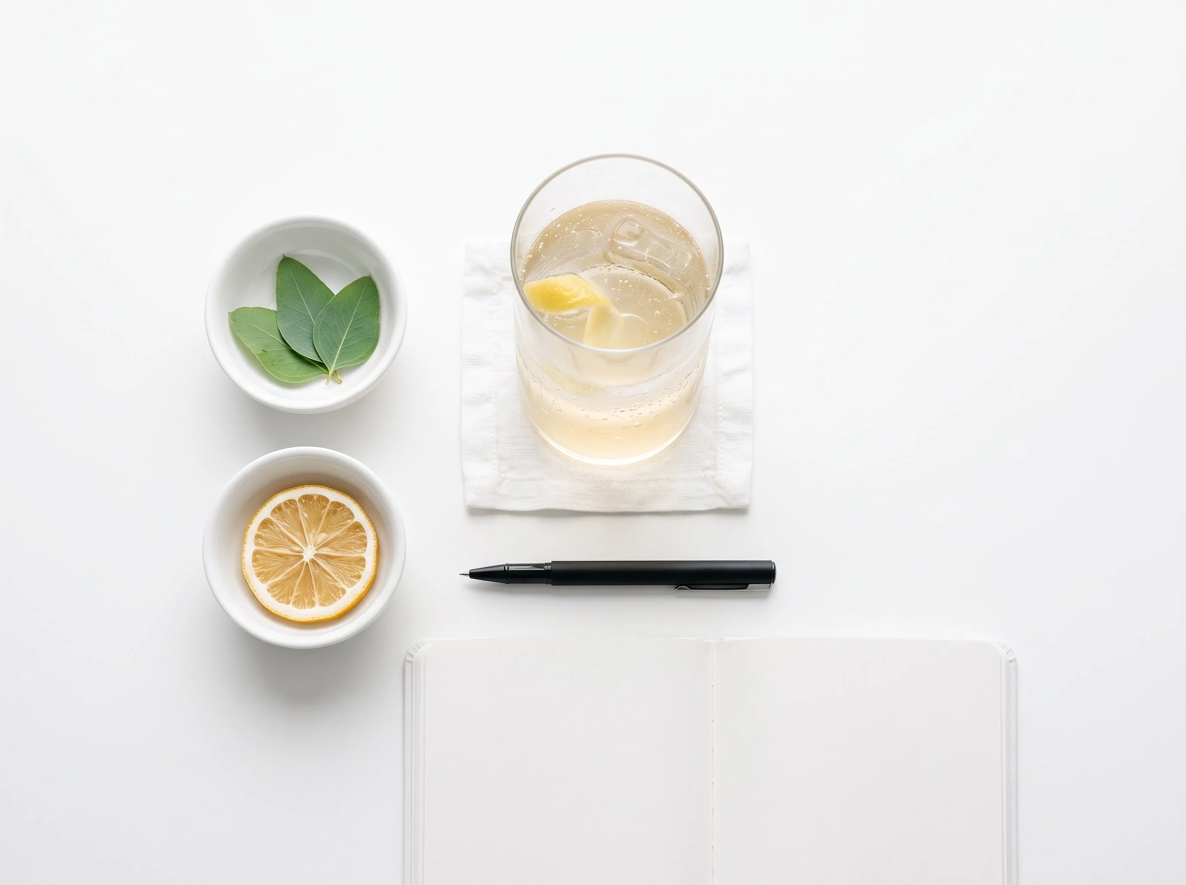 Vaso con limonada, hojas de laurel en un plato, rodaja de limón en un plato, bolígrafo negro, y libreta blanca en una mesa blanca.