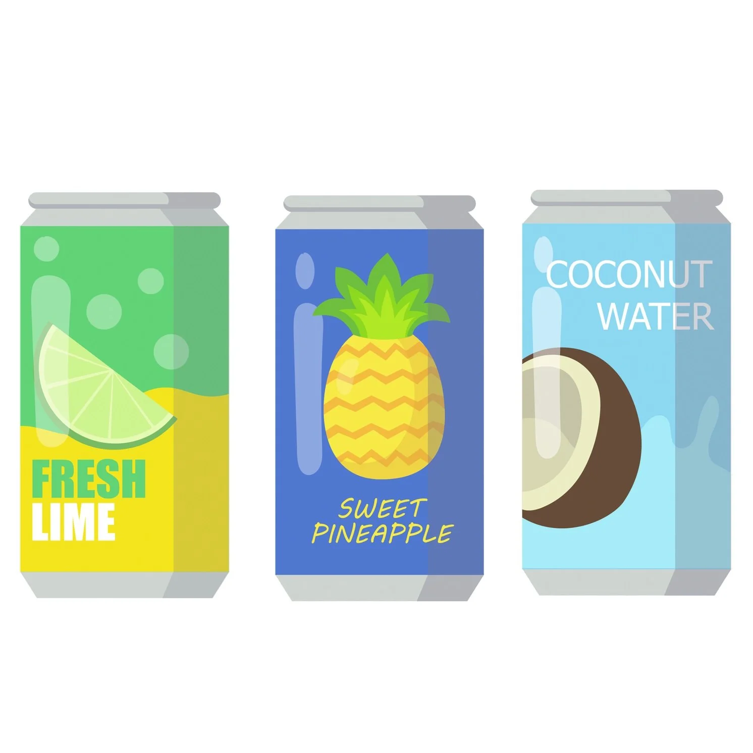 Tres latas de bebidas, de izquierda a derecha: limonada con limón, jugo de piña, agua de coco