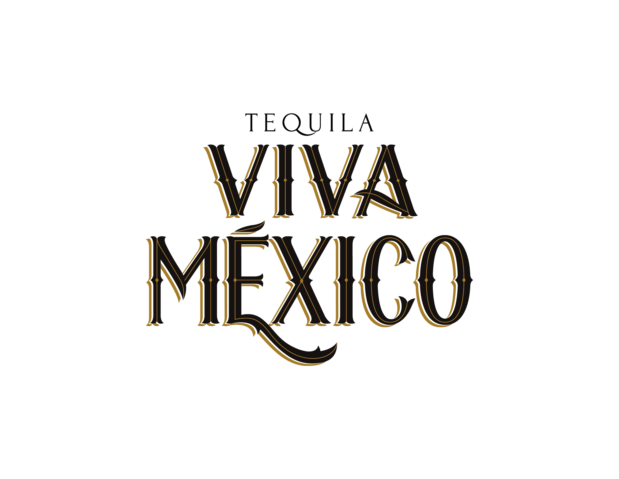 Logotipo de vino tequila Viva México en colores negro, dorado y gris con texto decorativo