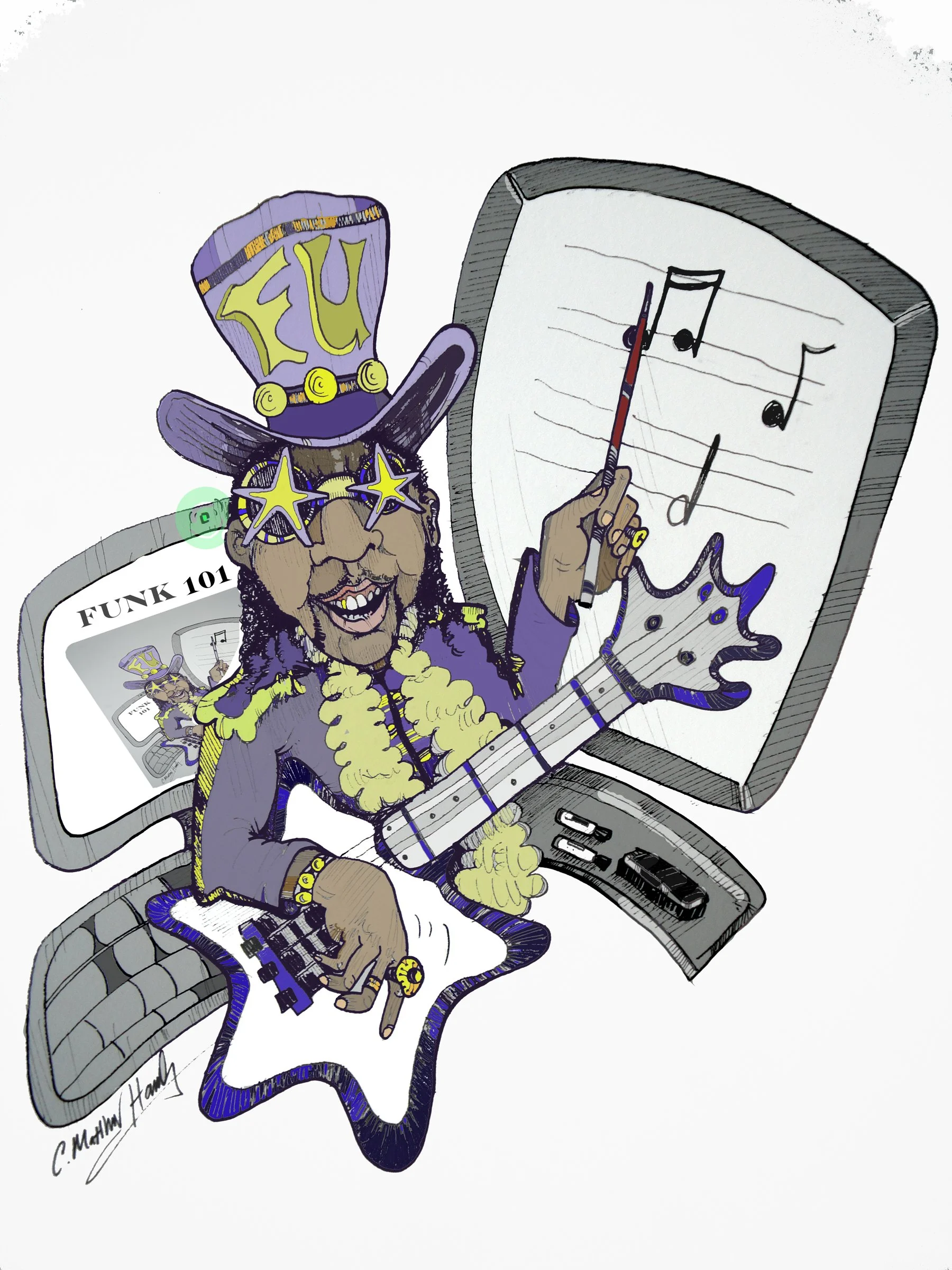 Cartoon musician with funky attire, colorful guitar, top hat with 'FU' letters, star-shaped glasses, pointing at music notes on a screen labeled 'Funk 101'.