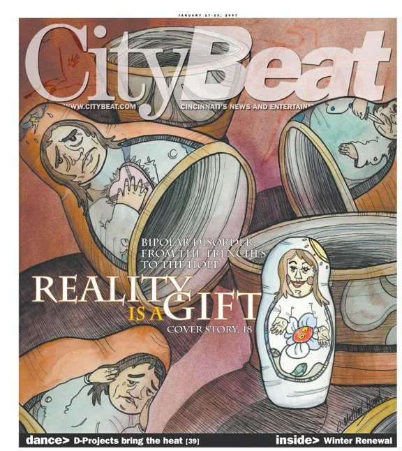 Cover of CityBeat magazine with illustration of nesting dolls depicting various emotions, headline about bipolar disorder titled 'Reality is a Gift.'