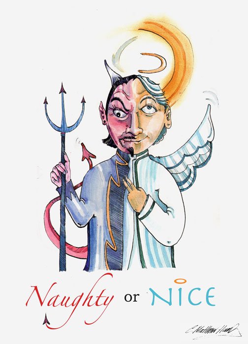 Illustration of a person with a split persona, depicting half as a devil with a trident and the other half as an angel with a halo and wings. Text reads "Naughty or Nice."
