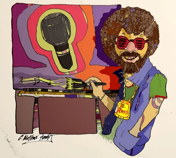 Illustration of a person with a microphone, wearing sunglasses and a vest, holding a brush, with a colorful and abstract background.