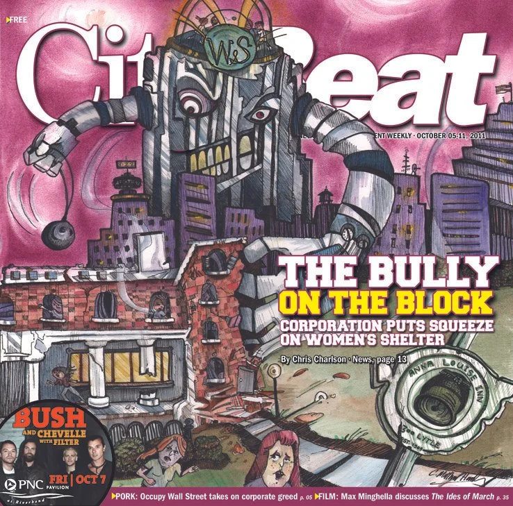 Magazine cover showing a giant, threatening robot with a wrecking ball over a city, titled 'The Bully on the Block.' The text suggests a corporation targeting a women's shelter. Includes advertisement for a Bush and Chevelle concert.