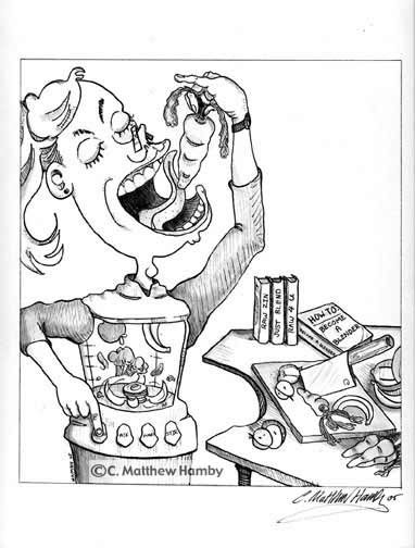 Cartoon of a woman using a blender
