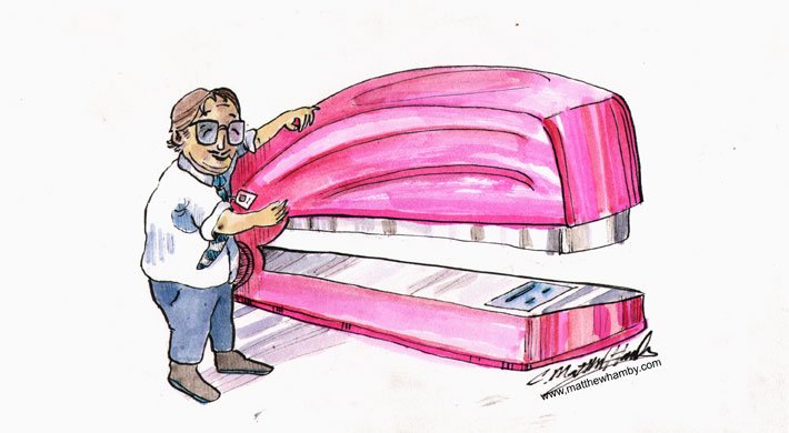 Cartoon of a person checking a giant pink stapler.