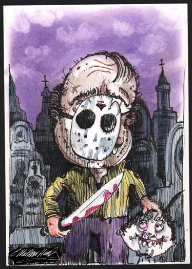 Cartoon character wearing a hockey mask holding a bloody knife and a doll, standing in a graveyard with tombstones and purple sky.