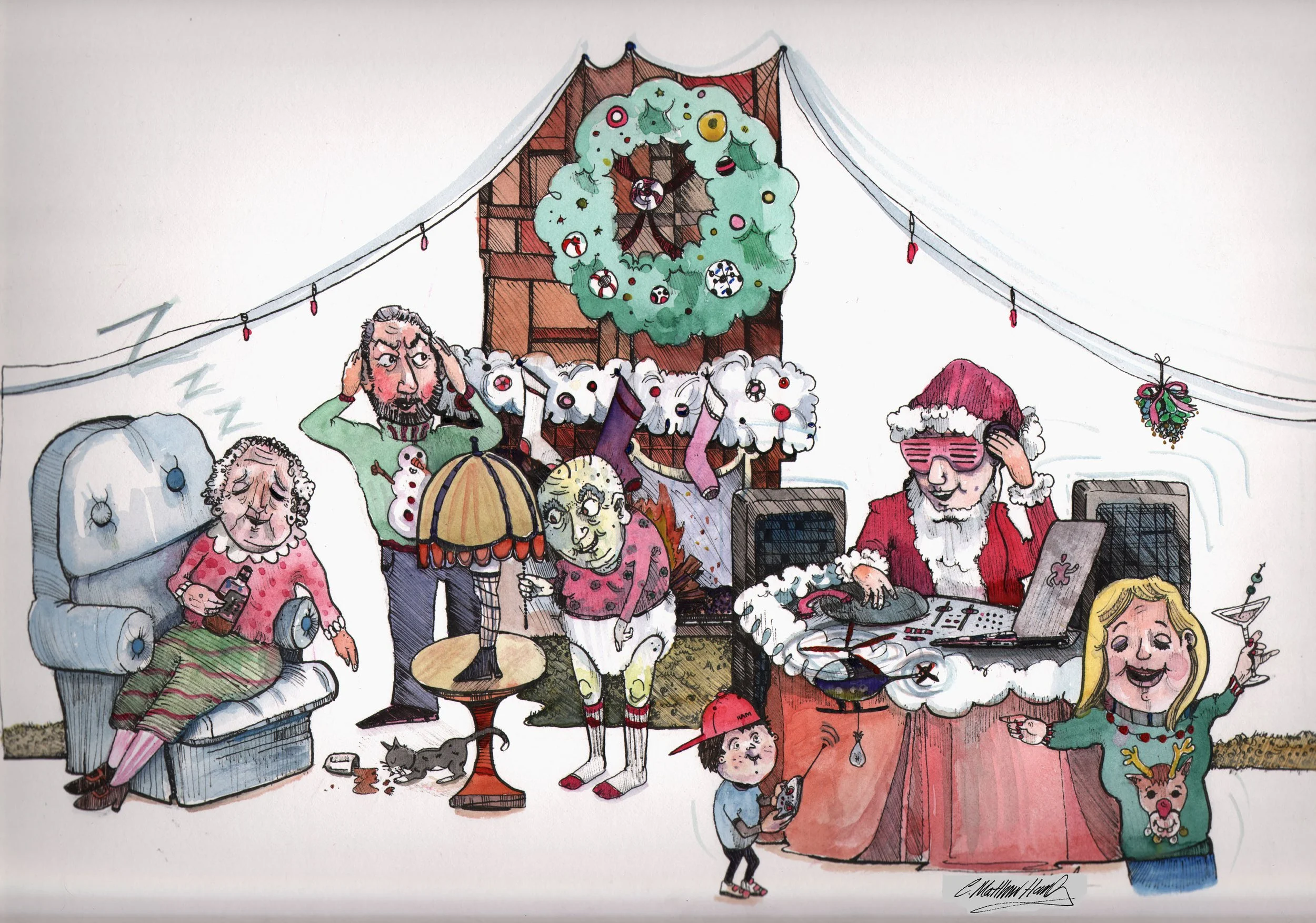 Cartoon Christmas scene with Santa DJ, family, and decorations