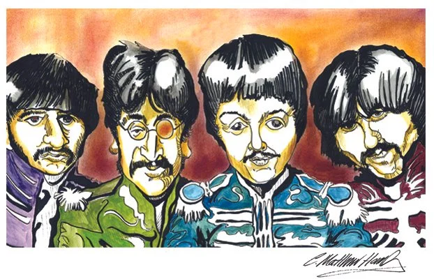 Colorful caricature of four musicians in military-style uniforms, reminiscent of a famous rock band, with exaggerated features and vibrant colors.