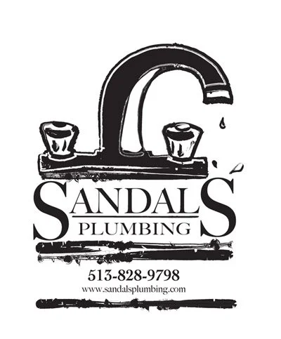 Logo for Sandals Plumbing featuring a stylized faucet with water drops, company name, phone number, and website URL.