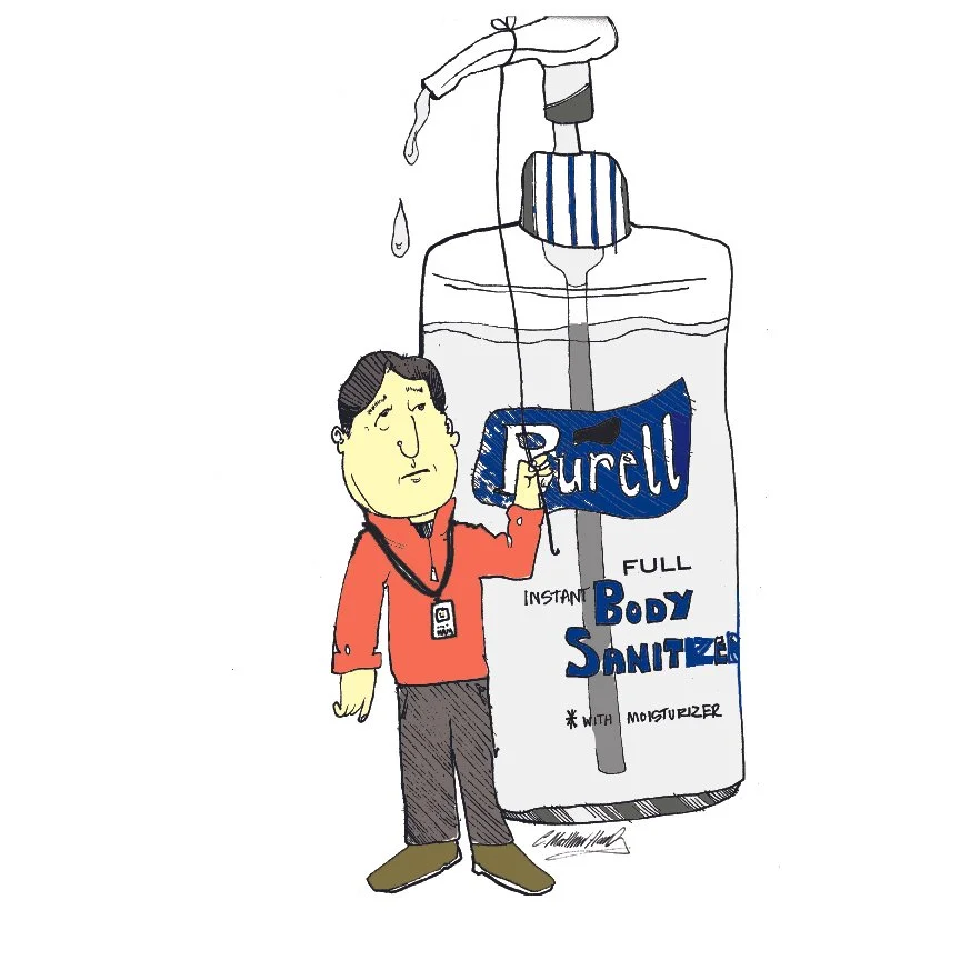 Cartoon man with large hand sanitizer bottle labeled "Purell Full Body Sanitizer."