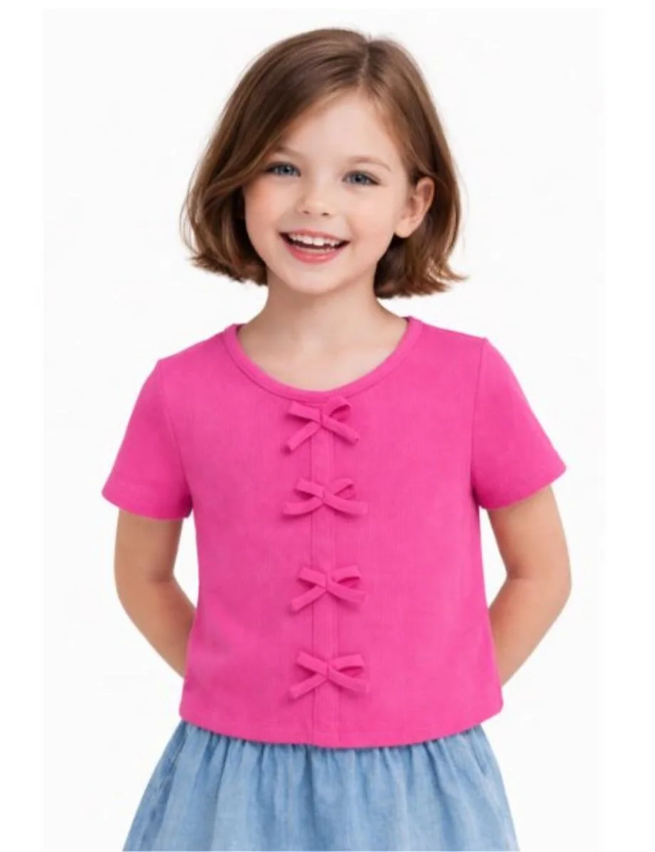 Girls Ribbed Knit Top W/Bows-Hot Pink