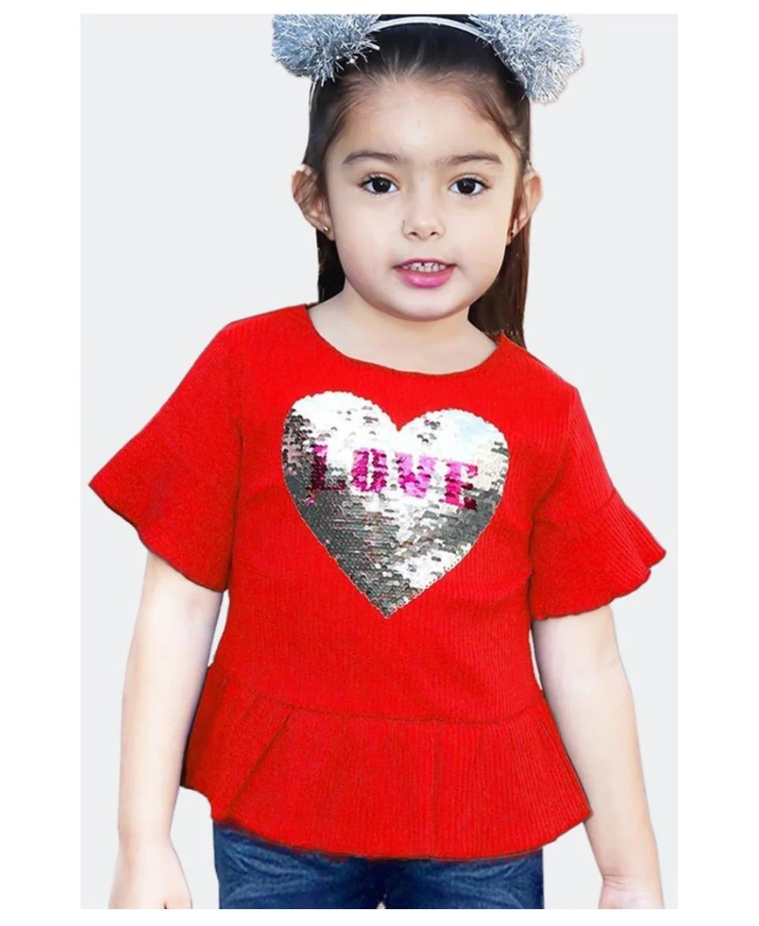 Girls Rib Knit Sequin Heart Top-Red
