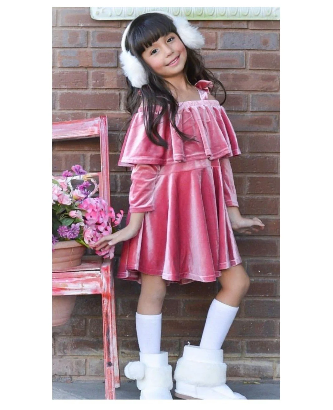 Girls Velvet off-the-shoulder Dress-Dusty Pink