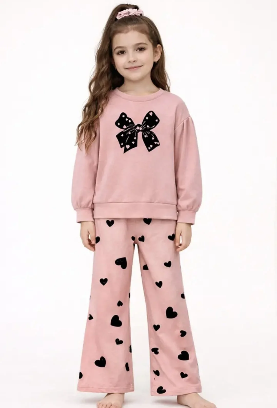 Girl's 2 Pc Pink Heart Flocking Set w/ Scrunchie