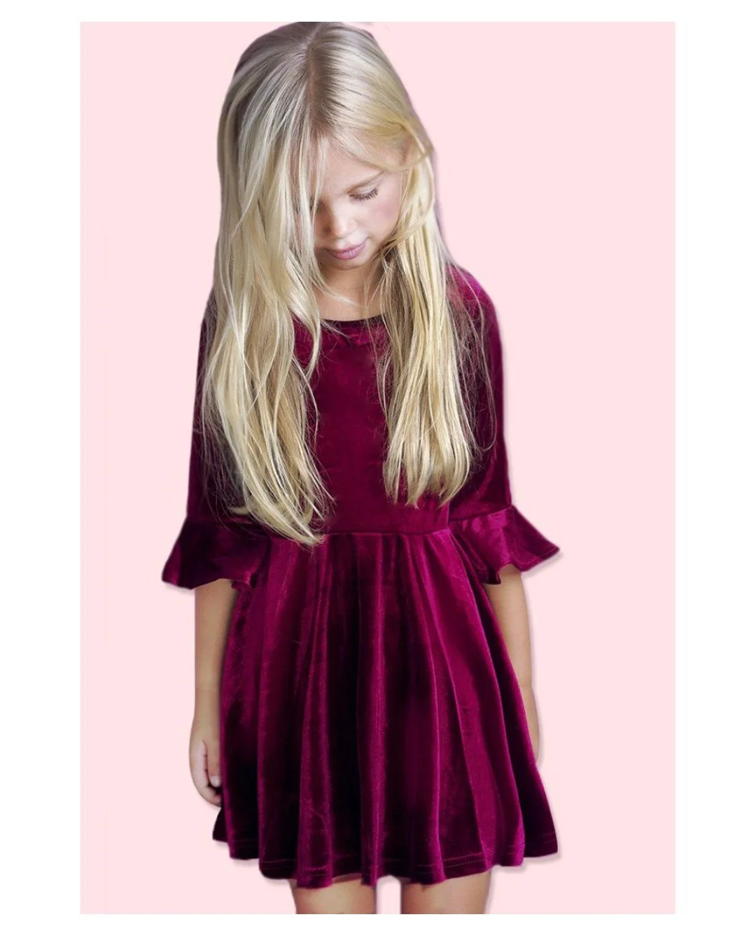 Girls Velvet Dress-Cherry Red