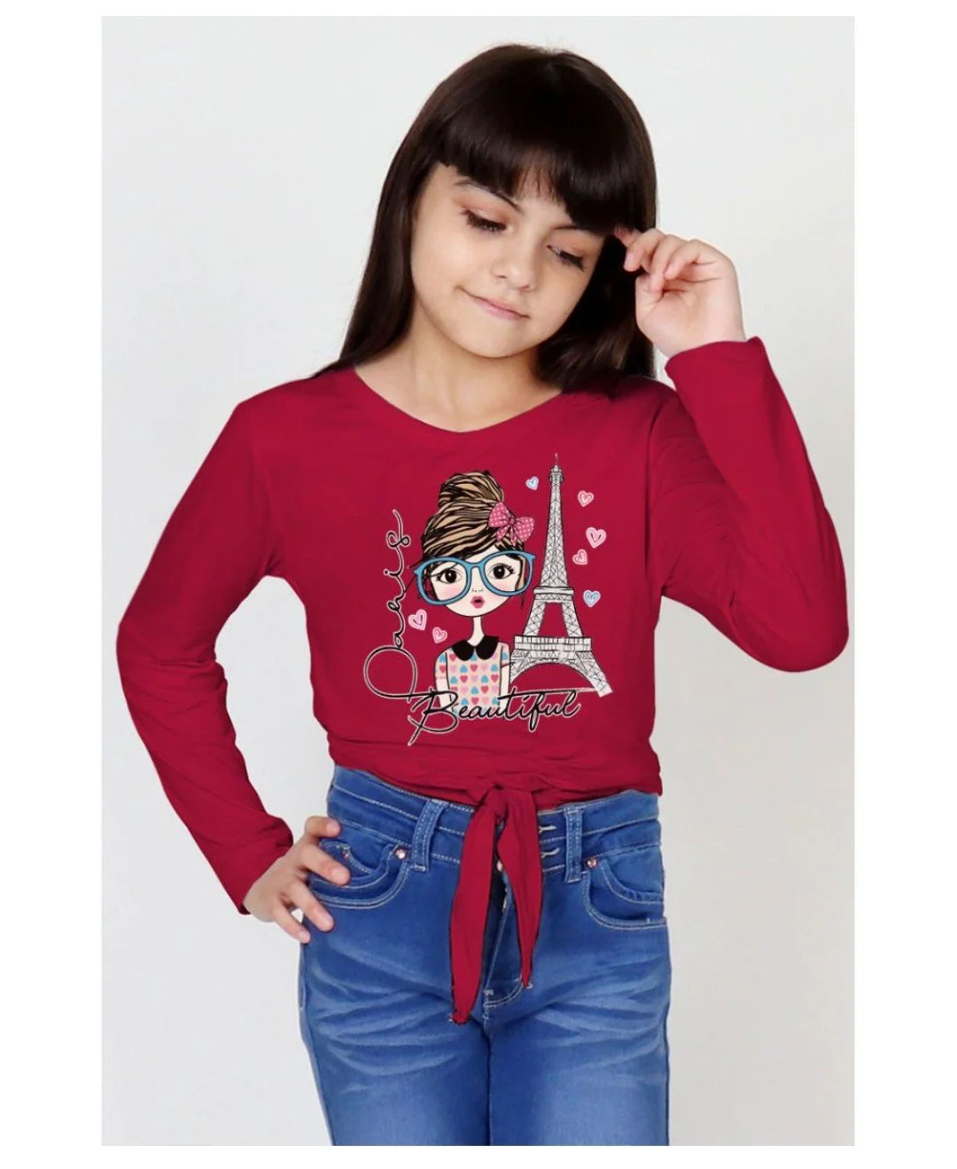 Toddlers Glitter Eiffel Tower Long Sleeve Tee-Cranberry