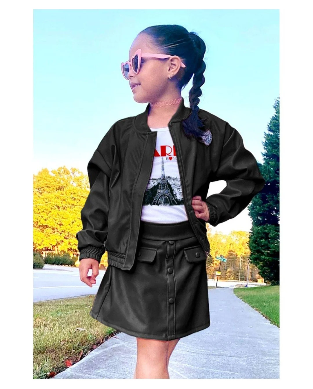 Girls 3pc Pleather skirt set w/Paris Shirt & Pleather Jacket-Black