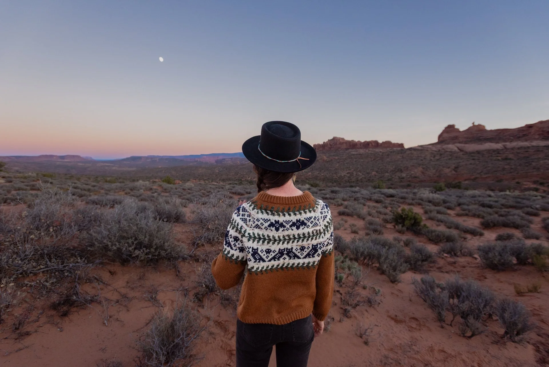 Person wearing a black hat and and colorwork sweater featuring autumn-themed motifs standing in a desert landscape at dusk, with the moon visible in the sky.