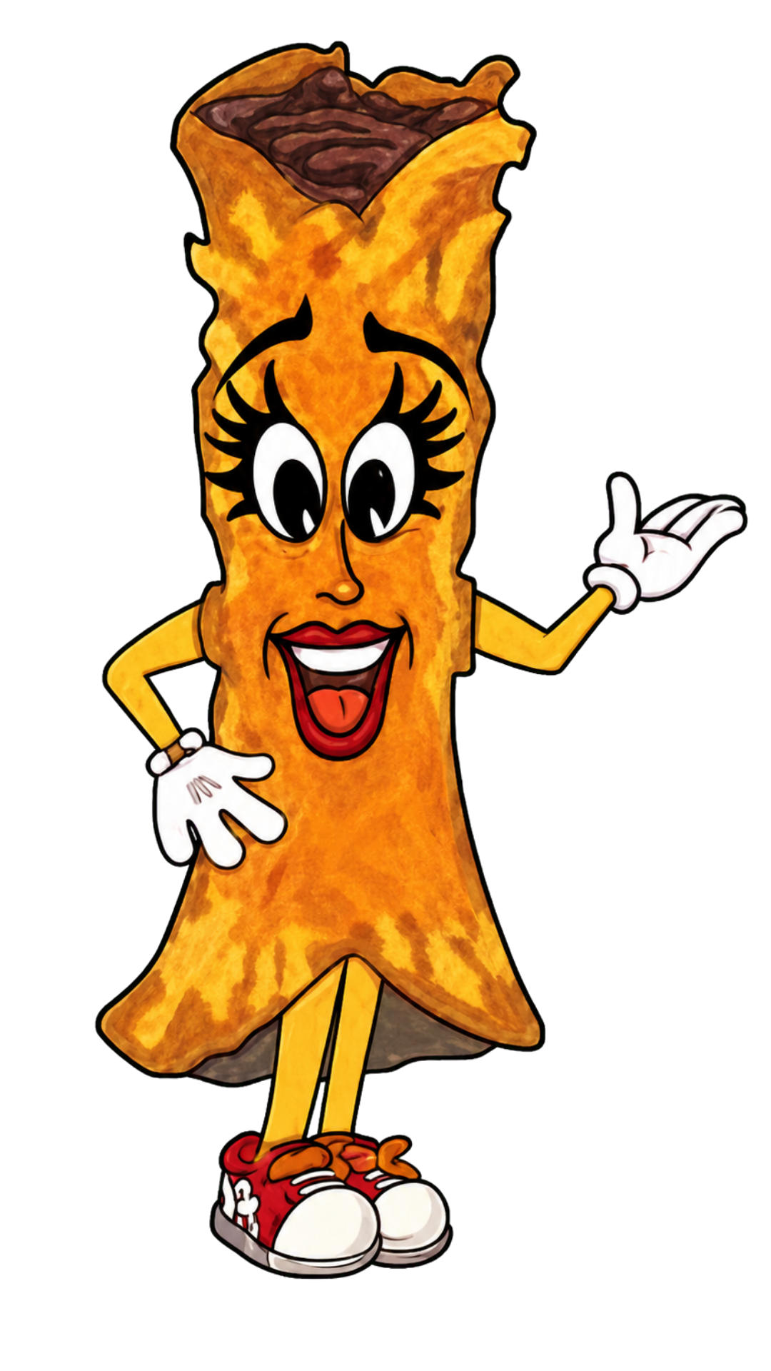 Personified slice of bacon with a smiling face, large eyes, red lipstick, white gloves, yellow sleeves, red sneakers with white laces and skull motifs, posing with one hand on the hip and waving.